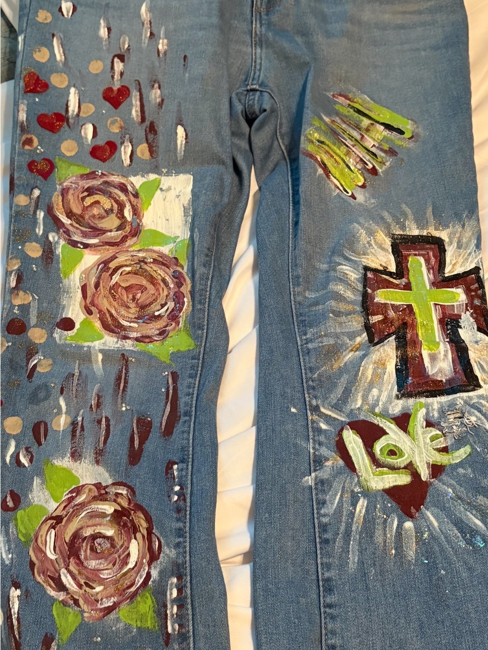 Hand-Painted Blue Women’s Jeans with Floral and Cross Art